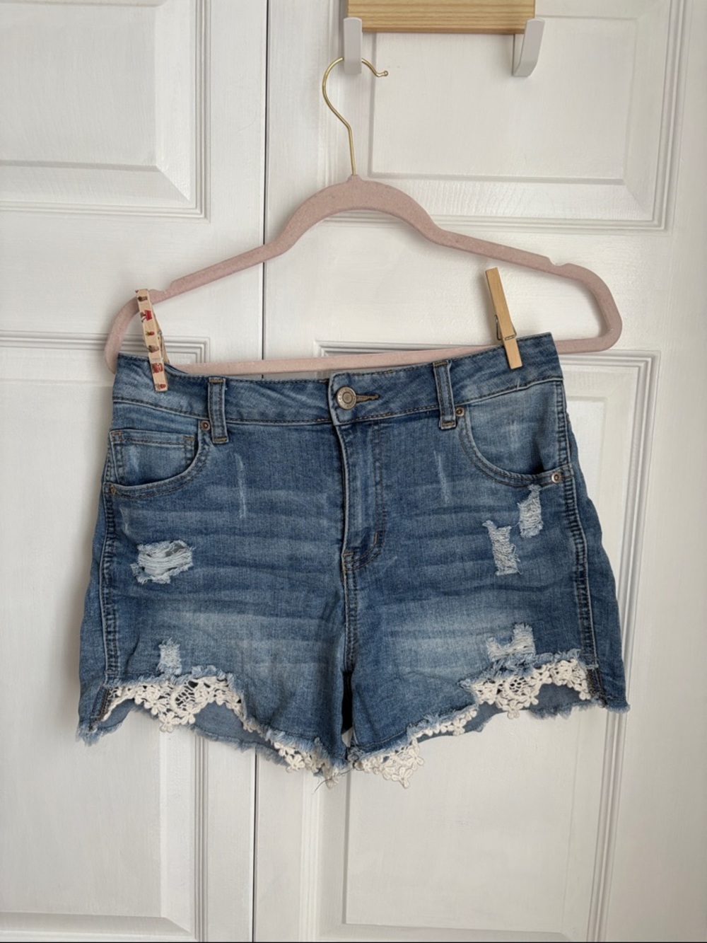Maurices Distressed Denim Shorts with Crochet Trim - Blue